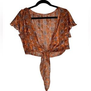 Floral Tie-Front sheer Orange Blouse(L)